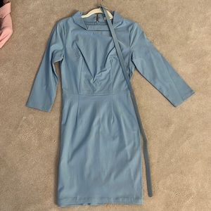 Pastel blue three-quarter sleeve work dress with belt 50s style